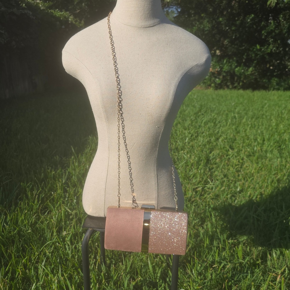 Cariedo Rose Gold Glitter Suede Evening Clutch Crossbody Bag Gold Chain Strap